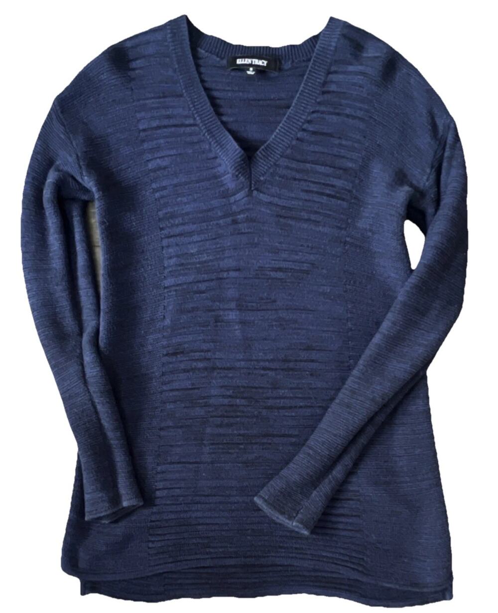 Ellen Tracy Sz S Navy Blue V Neck Ribbed Knit Sweater Long Sleeve Preppy Classic